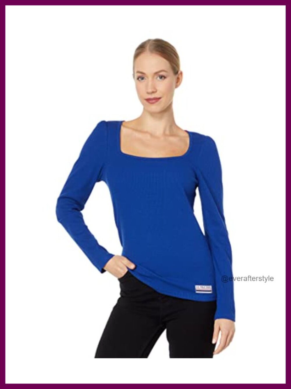 Long Sleeve Square Neck Rib Top Pull On Casual Walking